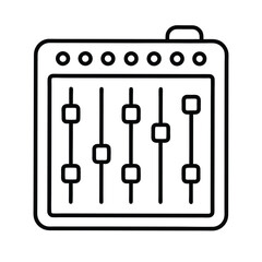 A mixing console with seven knobs five faders and a boxy outline. Editable stroke. Vector illustration