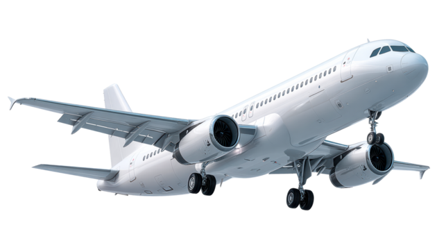 Modern passenger jet aircraft with landing gear extended for takeoff or landing, cut out transparent