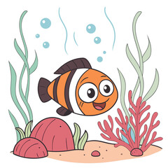 Cartoon clownfish swimming joyfully isolated on white background