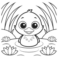 Cute cartoon baby duck swimming isolated on white background