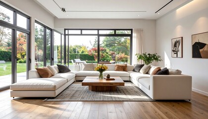 Fototapeta premium Modern, spacious living room with large windows overlooking garden