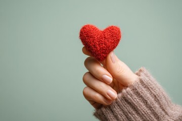 Fototapeta premium A close-up hand holds a small, textured, red heart-shaped object against a soft sage-green backdrop.