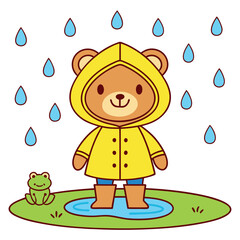 Cute happy cartoon bear in raincoat isolated on white background