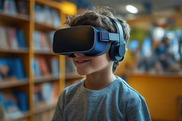 Boy engages in virtual reality lesson in a library setting