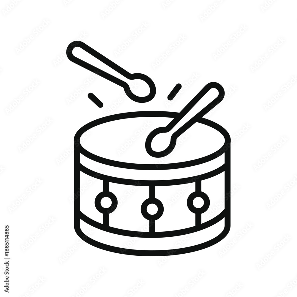 Poster a stylized drum with two drumsticks one poised above in simple black outline. editable stroke. vecto