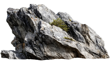 Rugged Granite Rock Formation with Sparse Greenery on White Background, cut out transparent