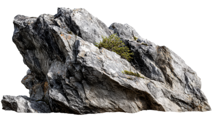 Rugged Granite Rock Formation with Sparse Greenery on White Background, cut out transparent