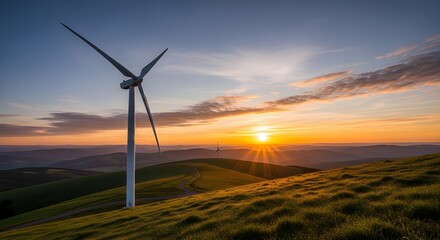 Obraz premium Wind turbines at sunset on a rolling green hill generating clean renewable energy for the future