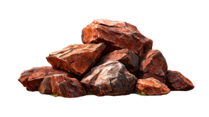 Pile of rough, textured, reddish-brown sedimentary rocks against a white background, cut out transparent