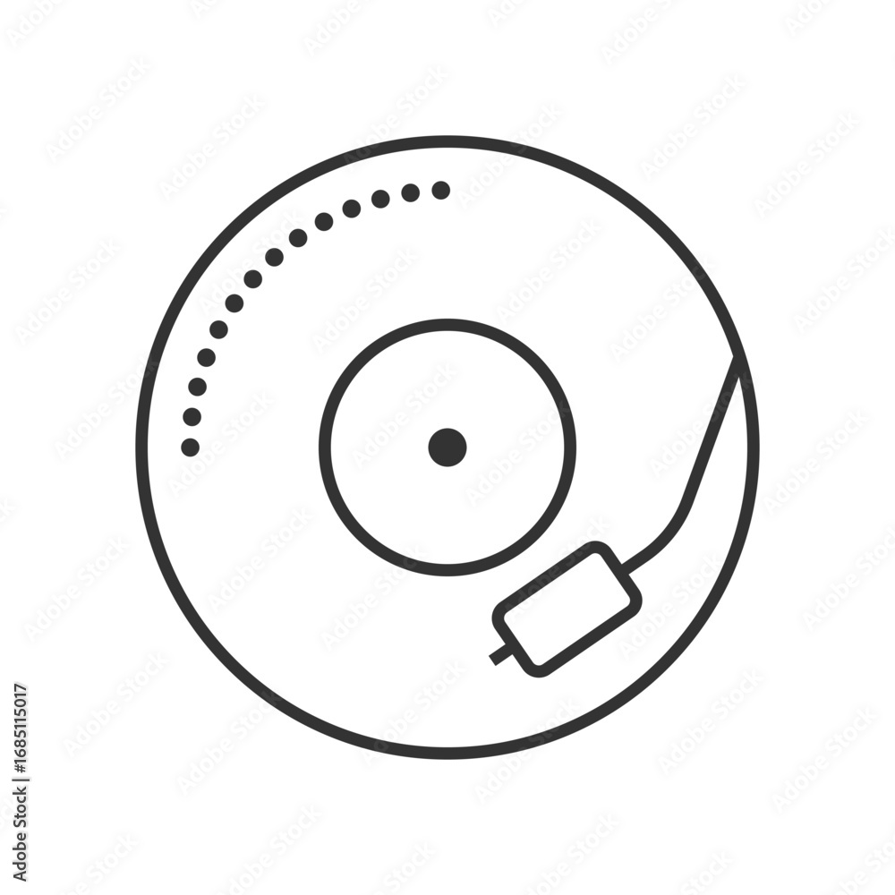 Poster a vinyl record player outlined in black with a stylus arm and a dotted outer edge. editable stroke. 