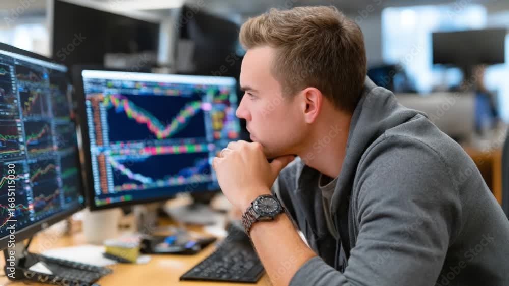 Aufkleber focused trader monitoring financial data: a concentrated trader meticulously reviews intricate finan