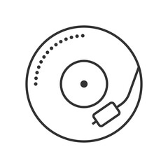 A vinyl record player outlined in black with a stylus arm and a dotted outer edge. Editable stroke. Vector illustration