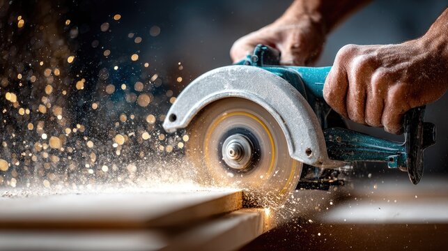 Close-up view of a circular saw cutting wood.