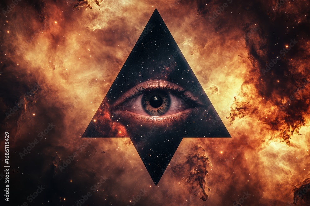 Poster artistic cosmic design featuring an eye within a triangle surrounded by a nebula