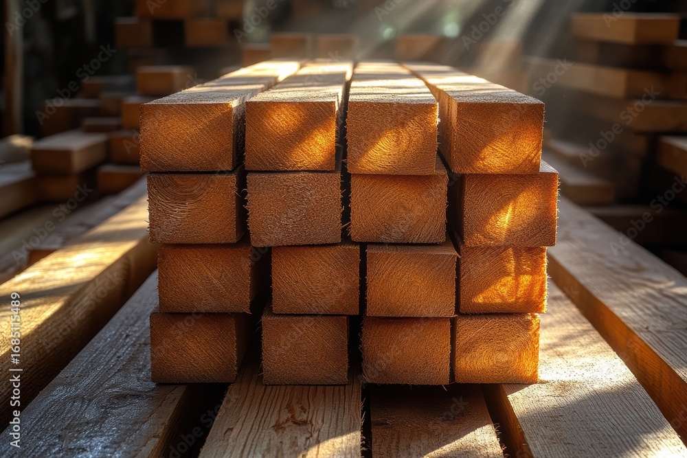 Poster beautifully arranged stack of lumber with warm light creating an inviting atmosphere