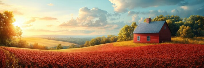 Sunset over a vibrant red field with a rustic farmhouse on the horizon