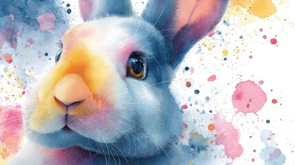 Watercolor bunny illustration with vibrant pastel tones, clear outlines, high quality shading, artistic whimsical background for childrenbook design.