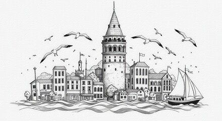Obraz premium Architectural Silhouette by Seaside: A detailed pen and ink illustration showcasing a collection of quaint buildings standing on seaside with a backdrop of flying seabirds and a boat.