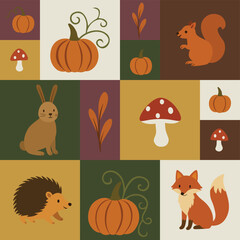 Whimsical Bauhaus Autumn Pattern with Woodland Animals, Pumpkins, and Mushrooms