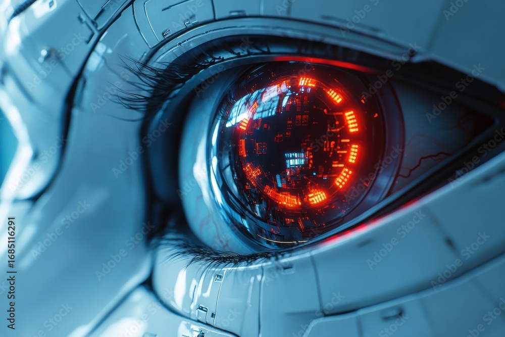 Poster Futuristic close-up of a technologically advanced robotic eye with glowing features