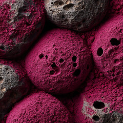 An abstract macro texture of porous gray rocks covered in a vibrant magenta powder. A high-contrast image of natural and artificial elements.
