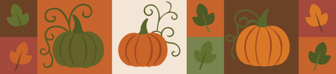 Bauhaus Autumn Harvest Banner with Geometric Pumpkins and Modern Fall Leaves