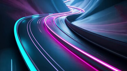 Curved futuristic speed tunnel with glowing neon pink and blue light streaks creating fast motion abstract background - Powered by Adobe
