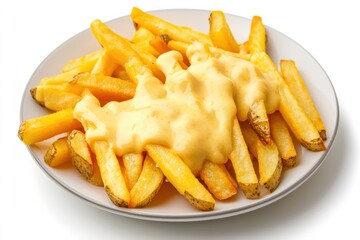 Delicious plate of golden fries topped with creamy cheese sauce served on a white dish