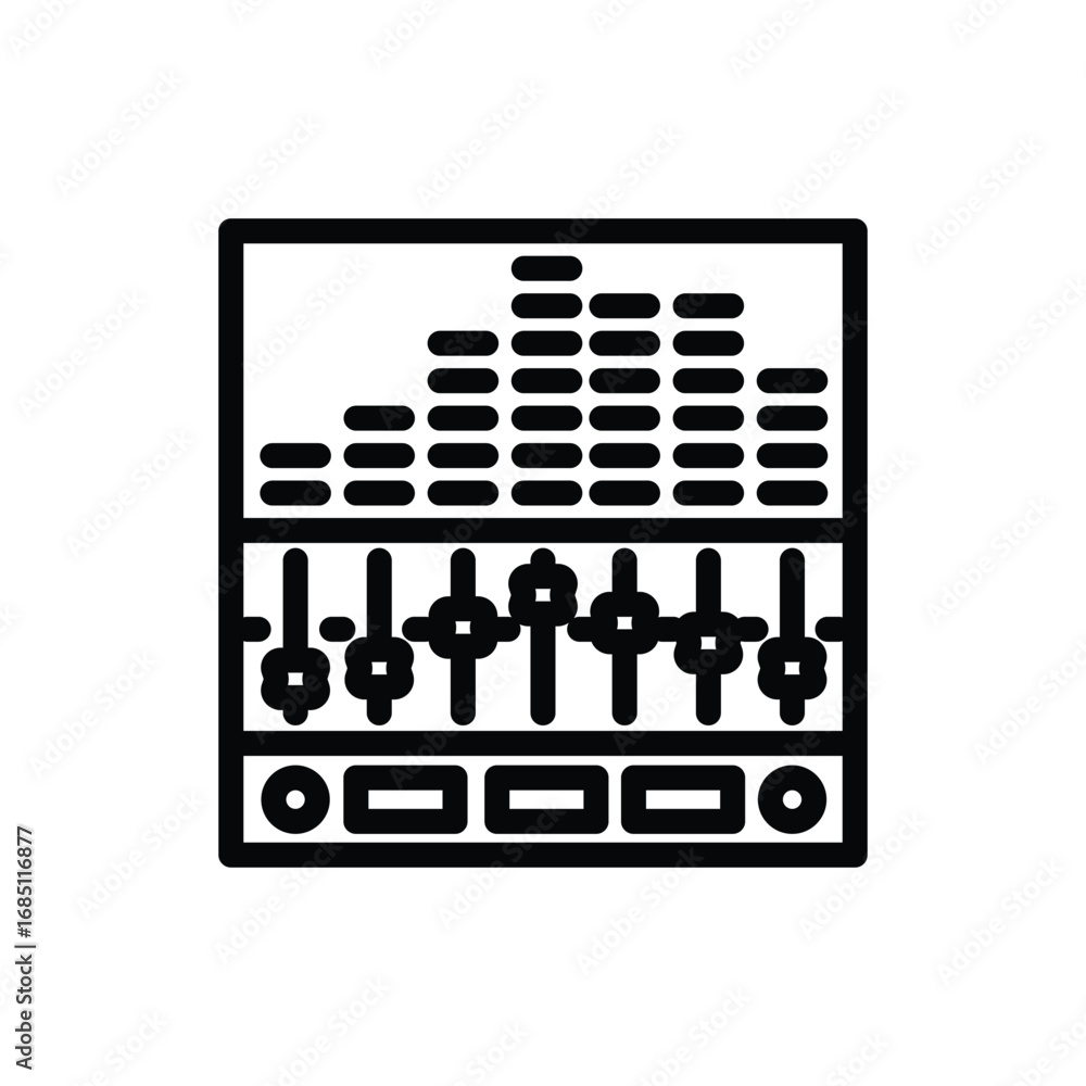 Poster black and white audio mixing console icon with equalizer bars and sliders. editable stroke. vector i