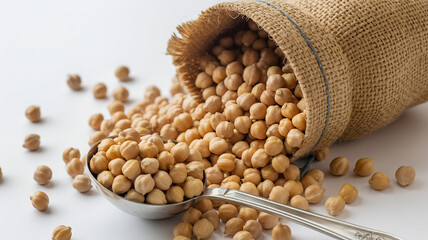 Chickpeas Spilled from Burlap Sack with Lavender on Wooden Table,dried chickpeas in a burlap sack,organic chickpeas in burlap bag on table,Fresh dried chickpeas piled in a sack with a wooden scoop,Ai