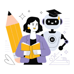 Female Teacher with Book and Robot Assistant Wearing Graduation Cap, Digital Learning and AI Education Vector Design