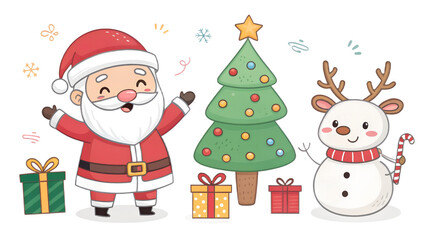 Cute Christmas clipart set with Santa Claus, reindeer, snowman, gift boxes, candy canes, and Christmas trees, isolated on transparent background, PNG pack