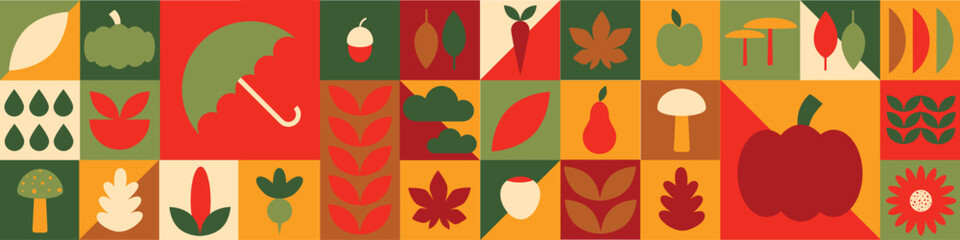 Geometric Bauhaus Autumn Border with Umbrella, Leaves, and Seasonal Harvest Icons