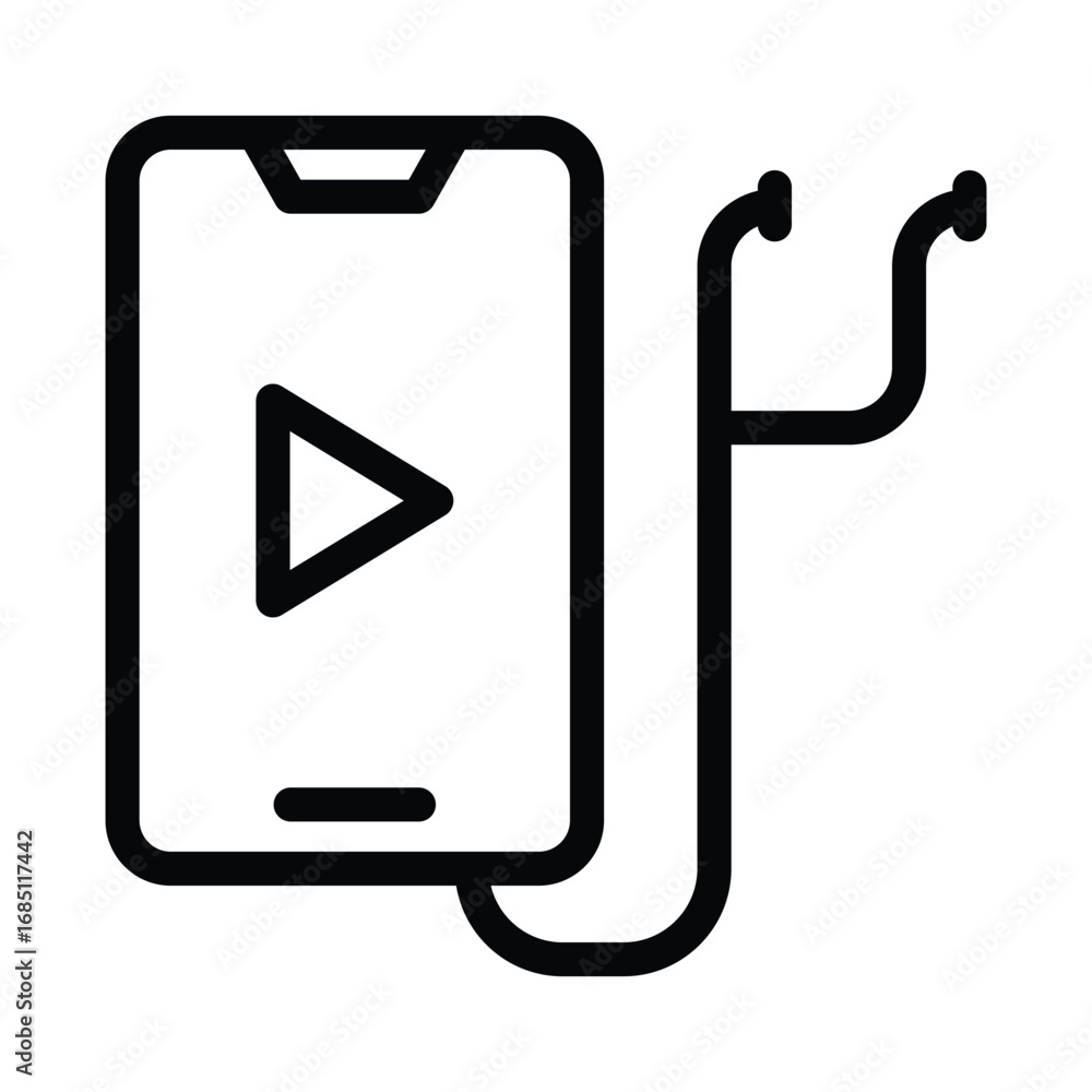 Aufkleber black outline image of smartphone with play button and attached headphones. editable stroke. vector 