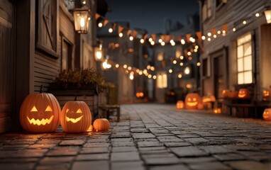 A street with a row of pumpkins on the sidewalk