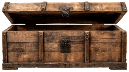 Antique Wooden Chest with Metal Clasps Open Against White Background, cut out transparent
