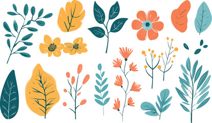 Collection of hand drawn botanical elements featuring leaves flowers and branches in warm autumnal colors