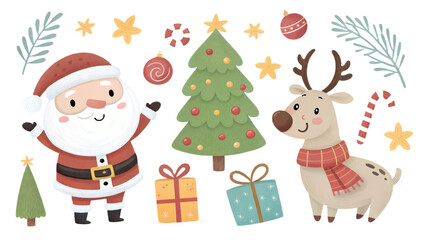 Cute Christmas clipart set with Santa Claus, reindeer, snowman, gift boxes, candy canes, and Christmas trees, isolated on transparent background, PNG pack