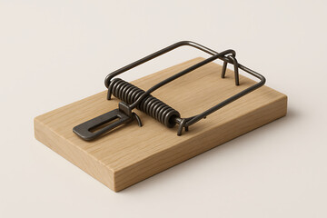 Realistic snap trap for mice and rats made of wood and metal, traditional spring-loaded rodent trap for pest control and extermination, generative AI illustration.