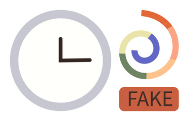 Analog clock with simple dial, segmented color circle, bold fake label. Ideal for time tracking, productivity, fraud detection, analysis, validation urgency concepts. Simple flat metaphor