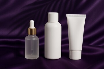 Cosmetic product set mockup on purple silk background
