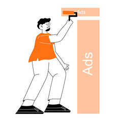 Flat Illustration Man Painting Ads on Wall Using Roller