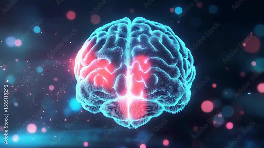 Poster human brain showing neural activity with highlighted area, on a dark background with glowing bokeh