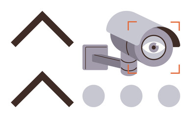 Surveillance camera with red focus marks, accompanied by arrows and dots. Ideal for security, monitoring, technology, privacy, observation, safety, and digital surveillance concepts in a simple flat
