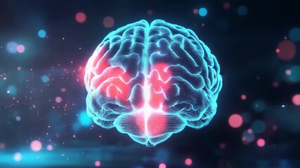 Human brain showing neural activity with highlighted area, on a dark background with glowing bokeh - Powered by Adobe