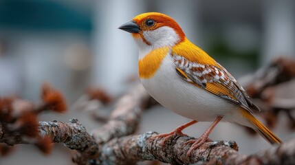 Naklejka premium Charming orange headed bird posing gracefully on a branch in nature