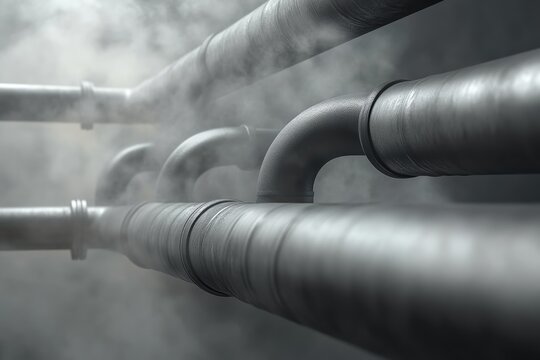 Graphic layouts for advertising steel pipes in industrial settings with fog effect