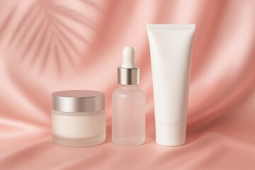  Cosmetic skincare set mockup on pink silk background