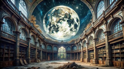 Obraz premium Photo of a grand library, bathed in moonlight, showcases towering bookshelves and ornate architecture, with a giant moon visible through the arched ceiling, creating a magical atmosphere