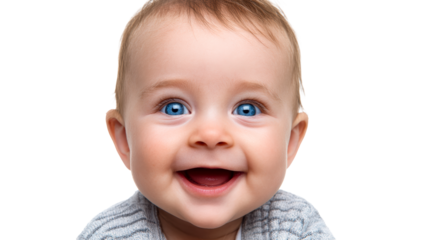 Adorable baby with bright blue eyes smiling wide with an open mouth, cut out transparent